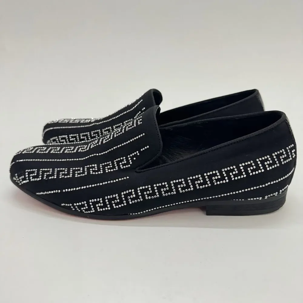 Barabas Men's Sz 8 Rhinestone Greek Key Pattern Slip On Loafers Black Silver